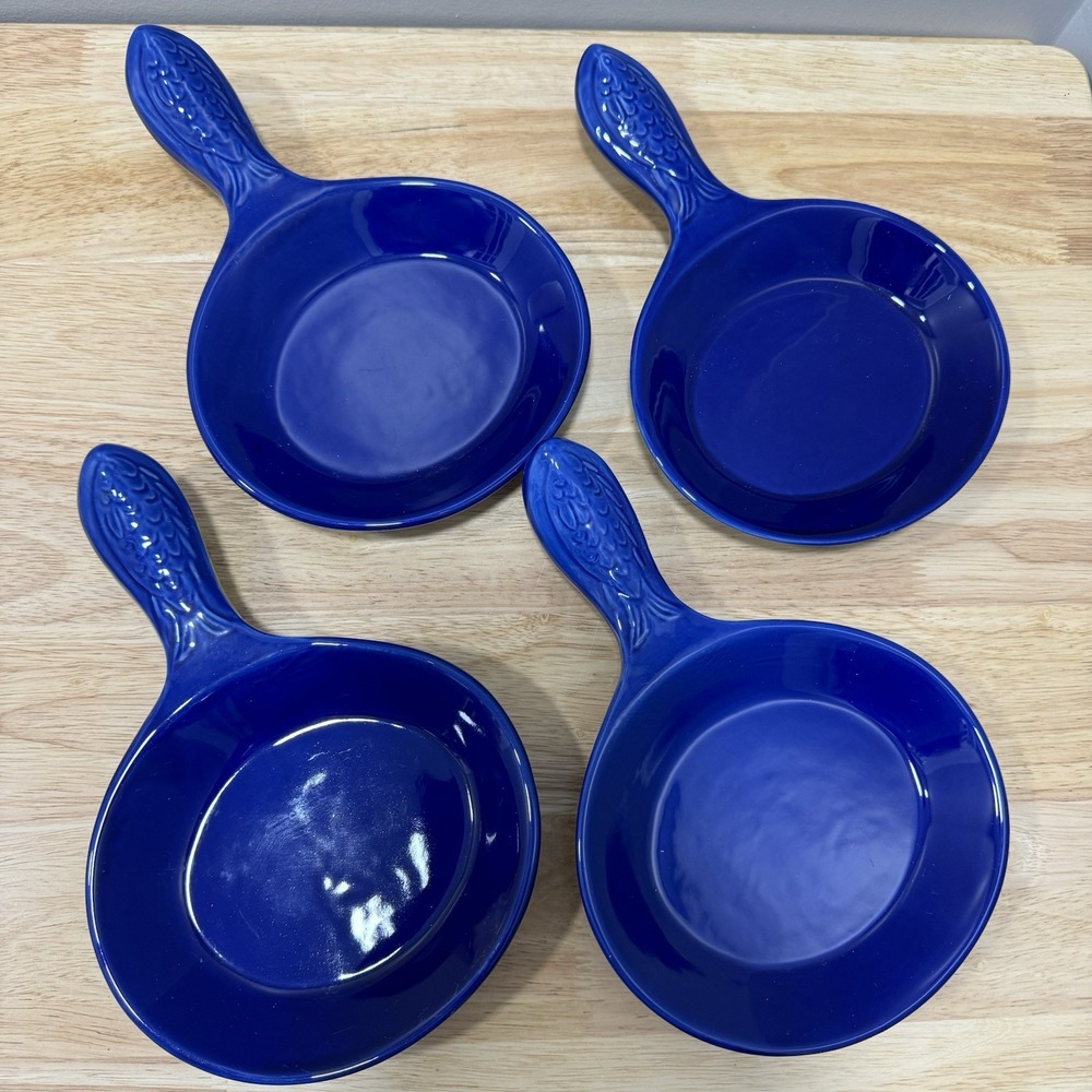 Vintage Cobalt Blue Fish Plates Set of 4 Handled Ceramic Nautical Coastal Dishes